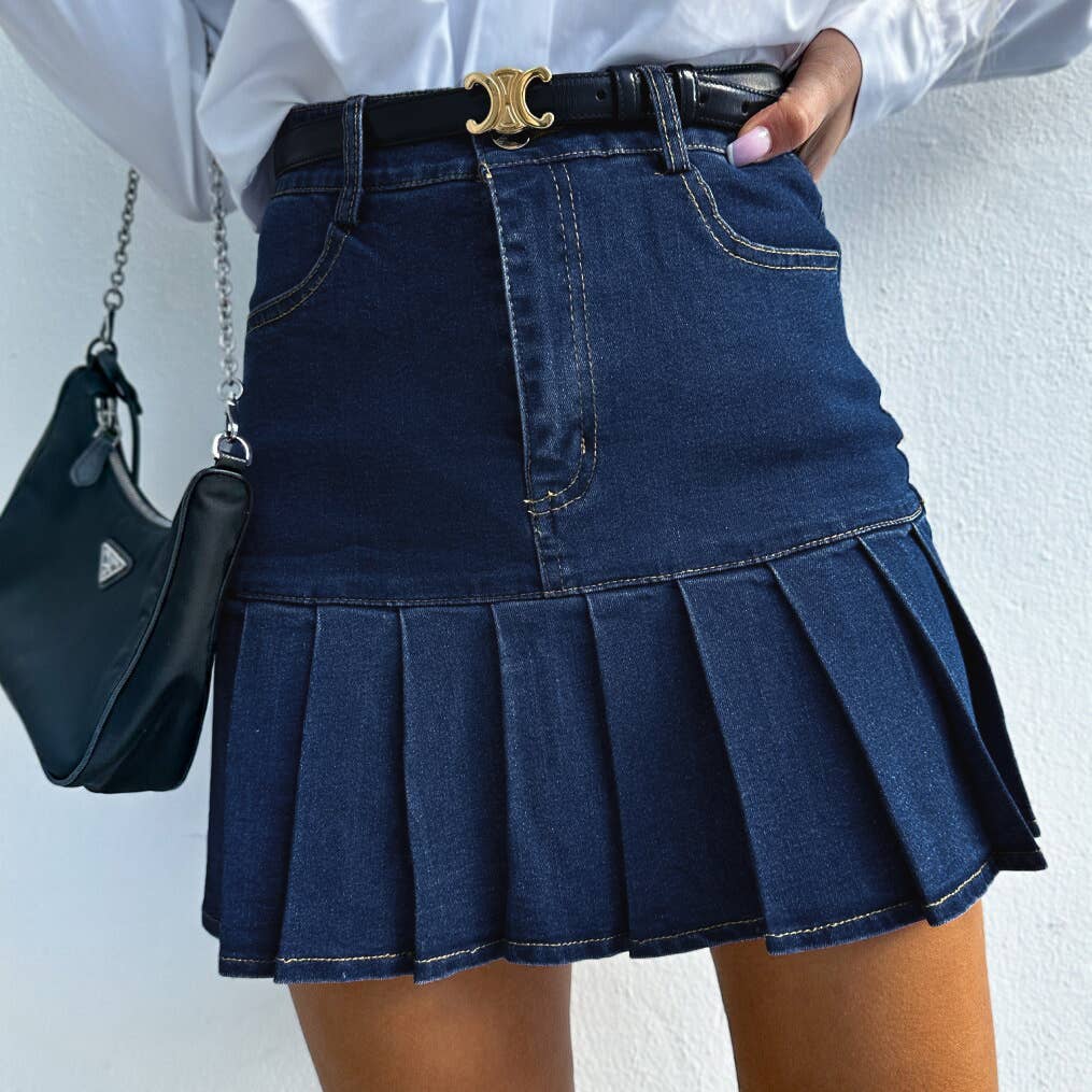 Pleated Denim Skirt