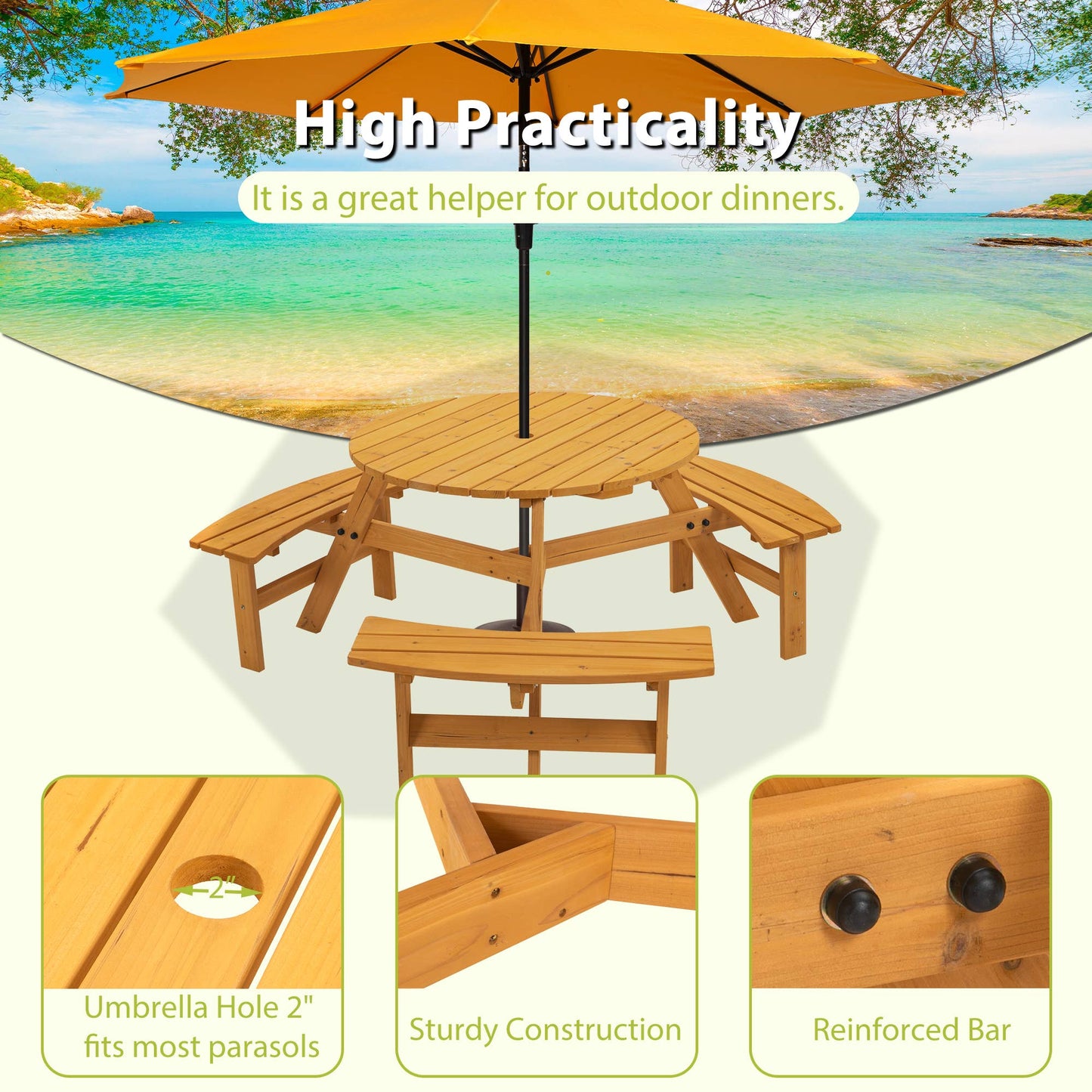 6-Person Outdoor Wooden Picnic Table with Benches–Brown/Natu: Brown