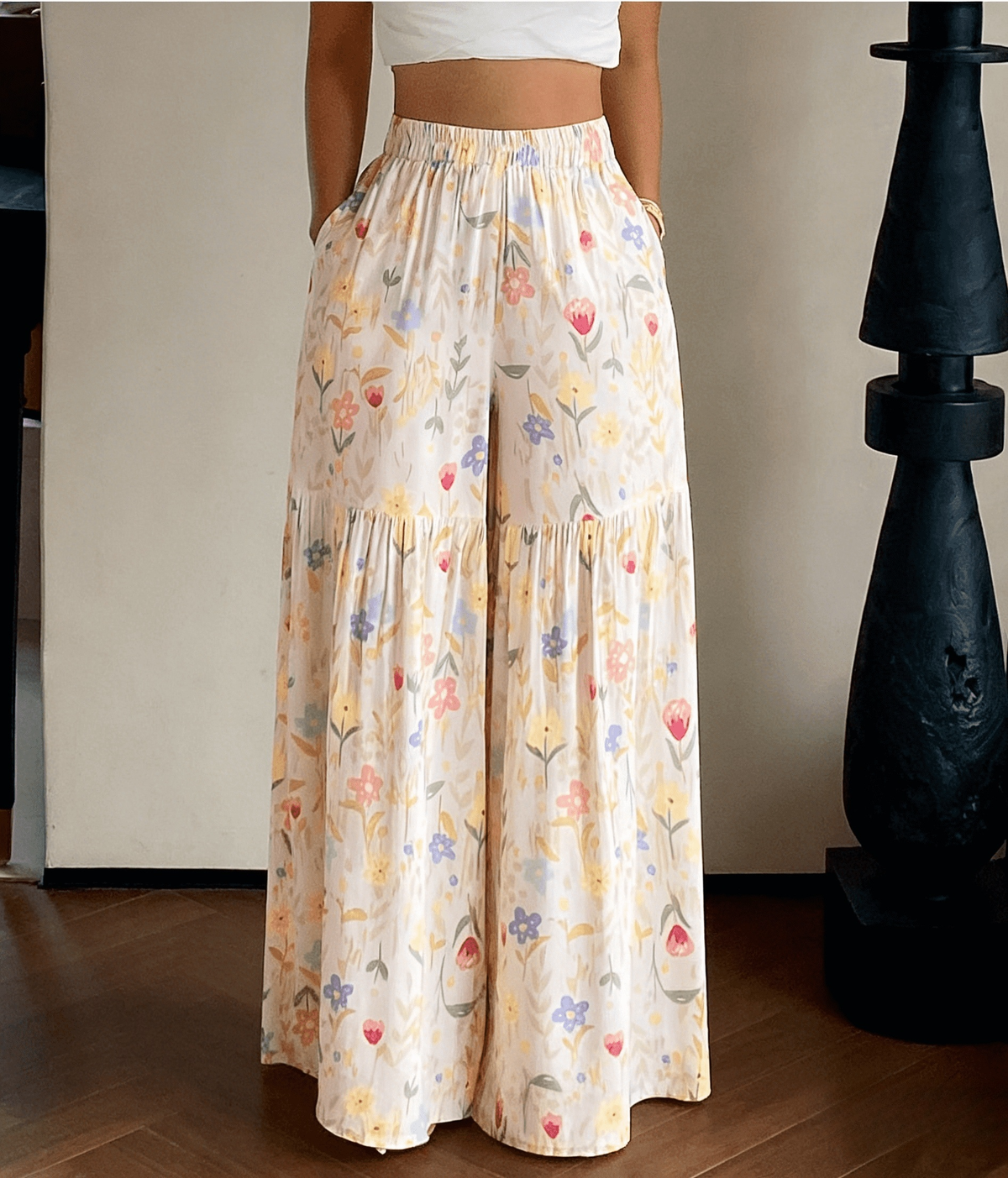 Floral Wide-leg Pants: Apricot