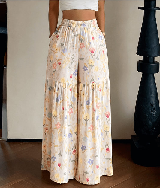 Floral Wide-leg Pants: Apricot
