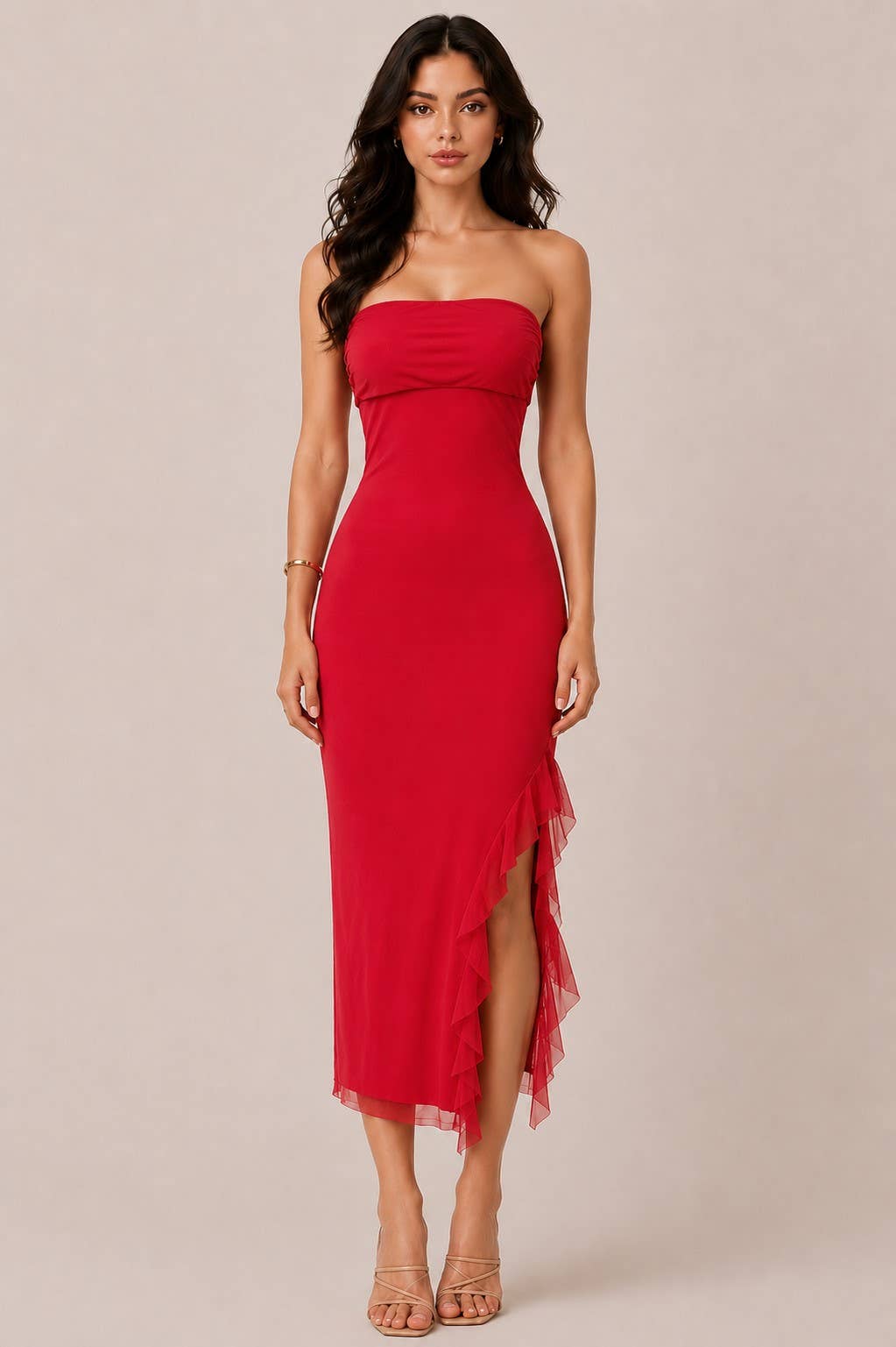 SIDE SLIT W/RUFFLE MAXI DRESS