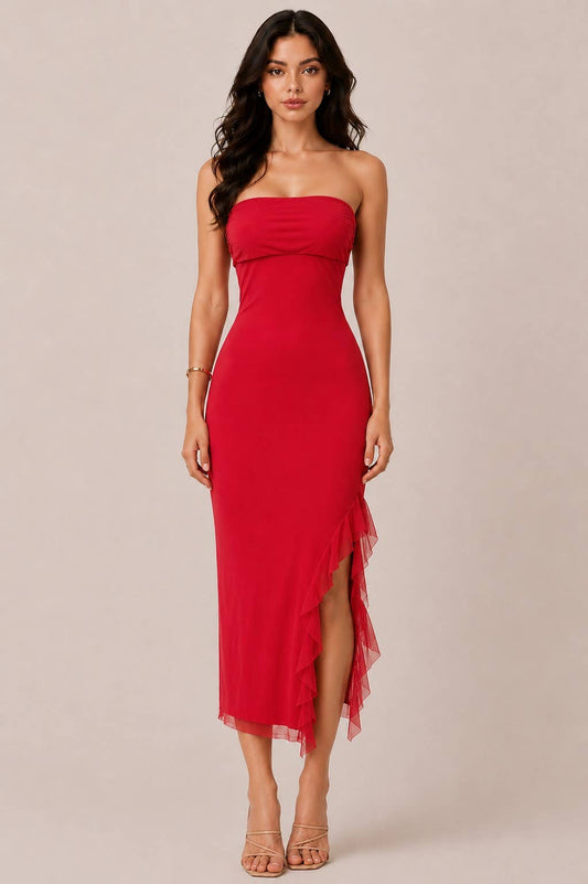 SIDE SLIT W/RUFFLE MAXI DRESS