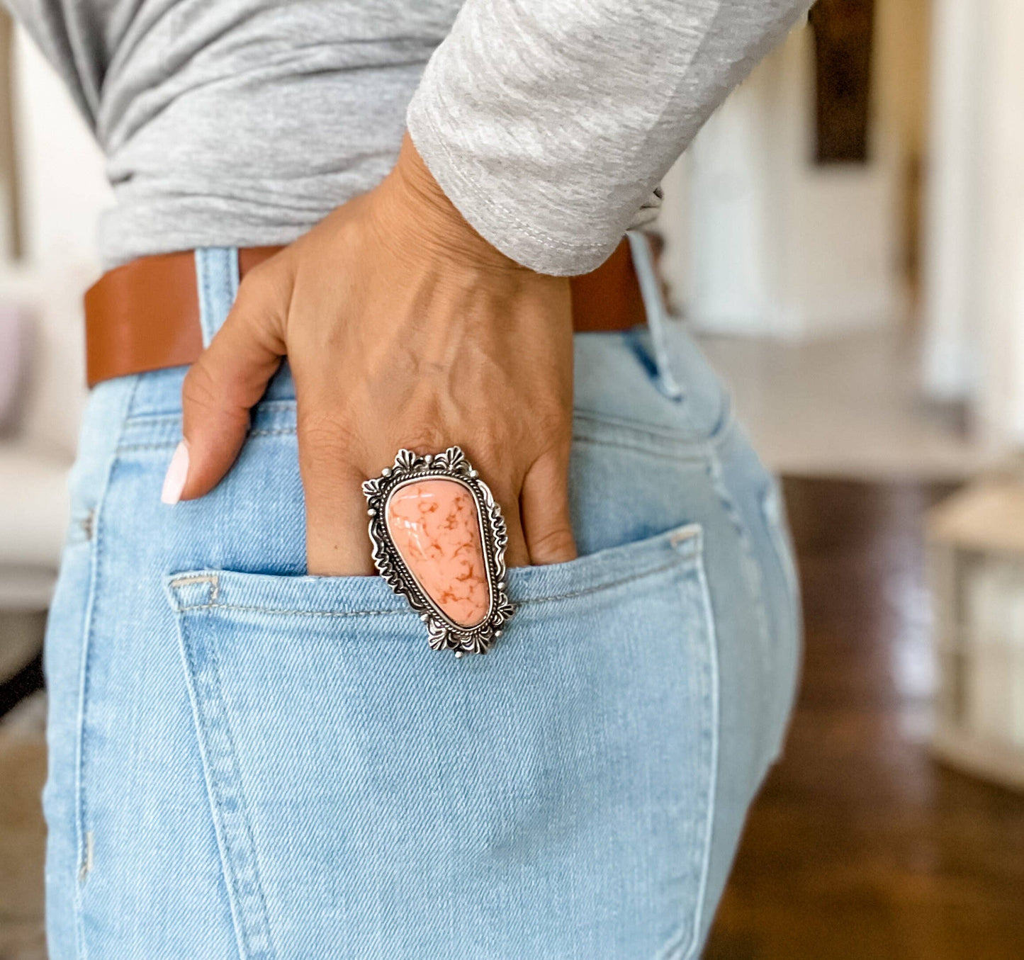 Oversized Western Navajo Statement Ring-Peach