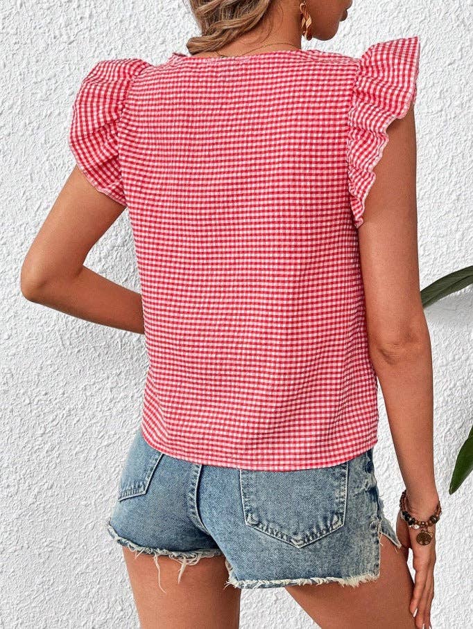 Gingham Square Neck Ruffle Sleeve Blouse