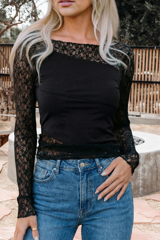 Asymmetric Panels Sheer Floral Lace Long Sleeve Top