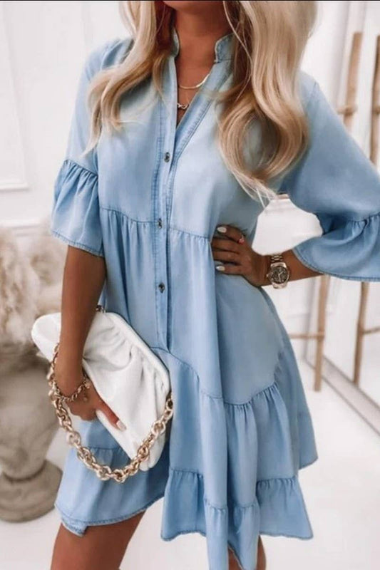 Women Casual Denim Shirt Dress Short Sleeve A Line