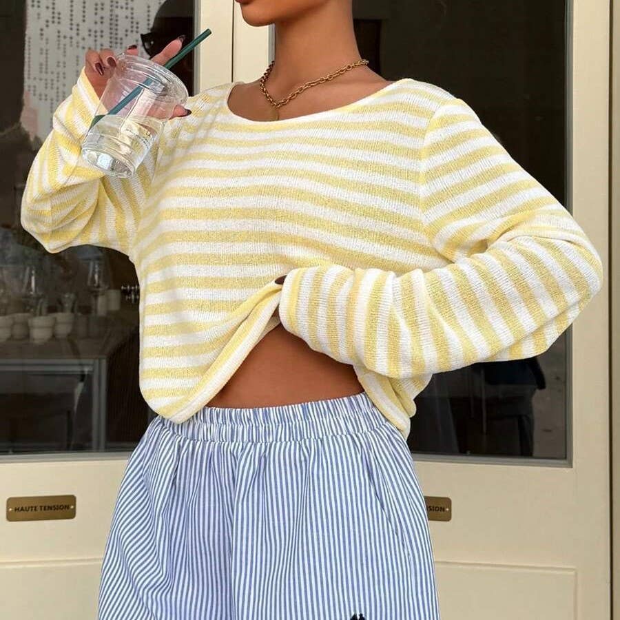 Effortless Chic Off Shoulder Contrast Striped Knit Top: Khaki / 2XL
