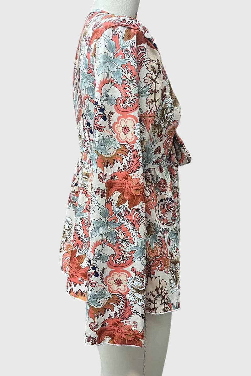 Floral V-Neck Tie Front Bell Sleeve Blouse: ORANGE / XL