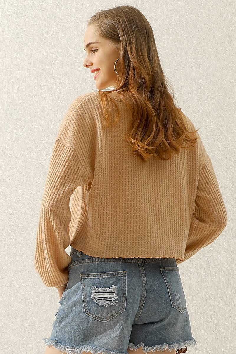 Long Sleeve Knit Top: Tan