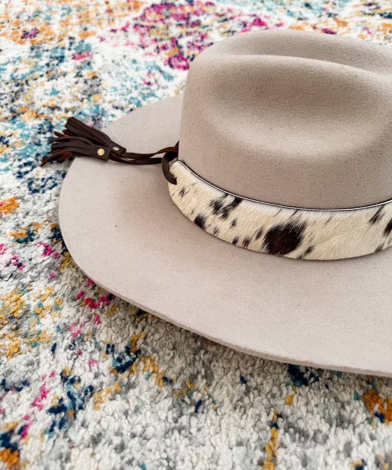 1.65” COWHIDE HAT BAND Leather Hat Band leather ties: BROWN + WHITE COWHIDE