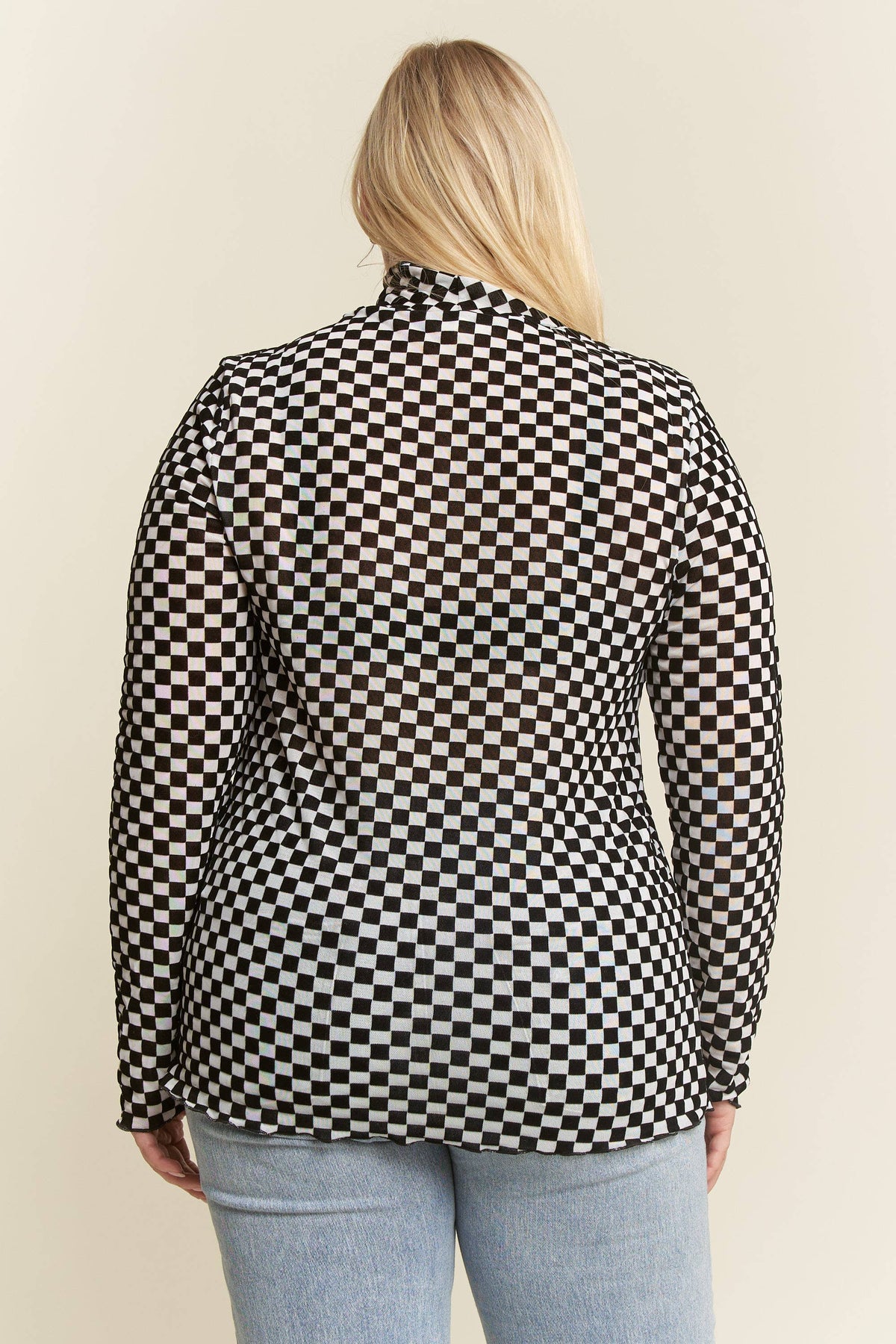 CHECKERED MESH MOCK NECK
