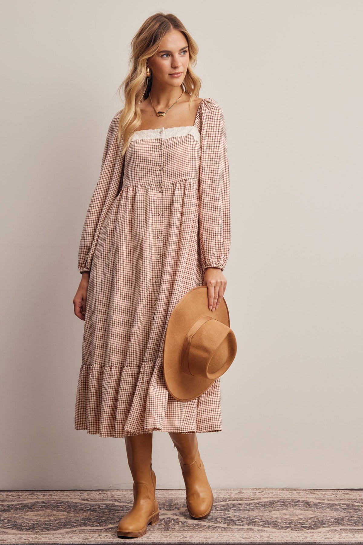 Lace Trim Gingham Dress