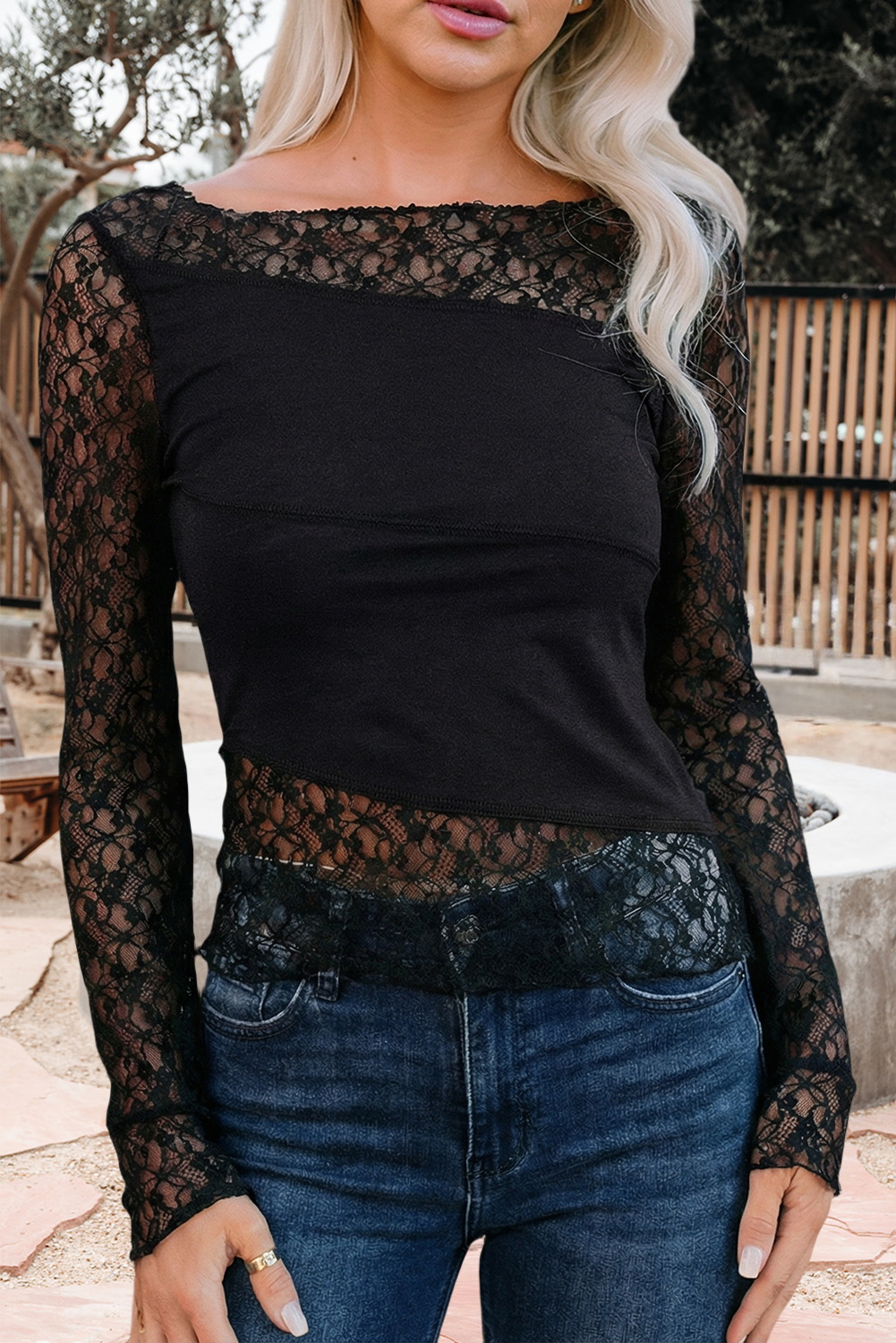 Asymmetric Panels Sheer Floral Lace Long Sleeve Top