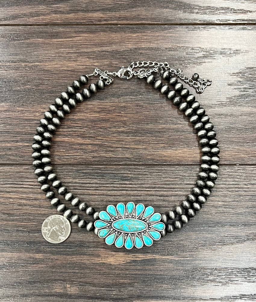 Double Strand Navajo Bead and Turquoise Concho Necklace