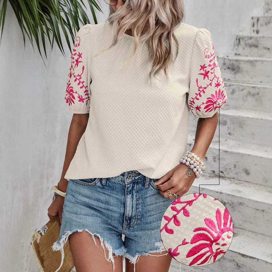 Puff Sleeve Embroidered Blouse for Women Summer: Apricot