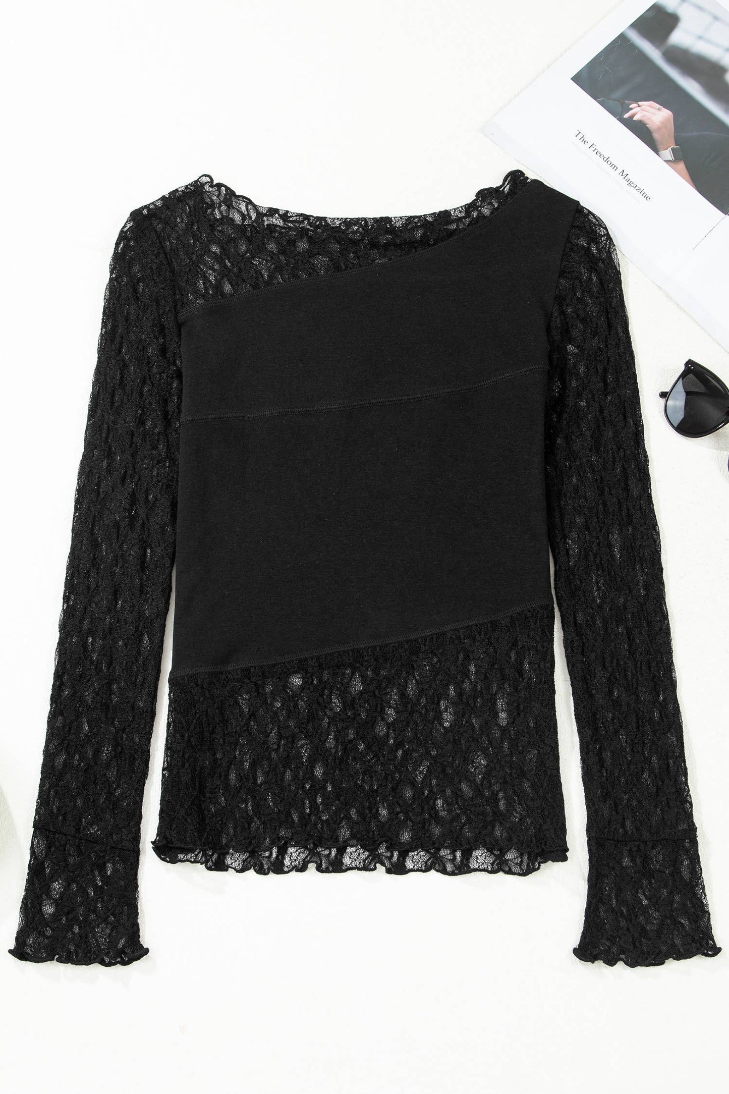 Asymmetric Panels Sheer Floral Lace Long Sleeve Top