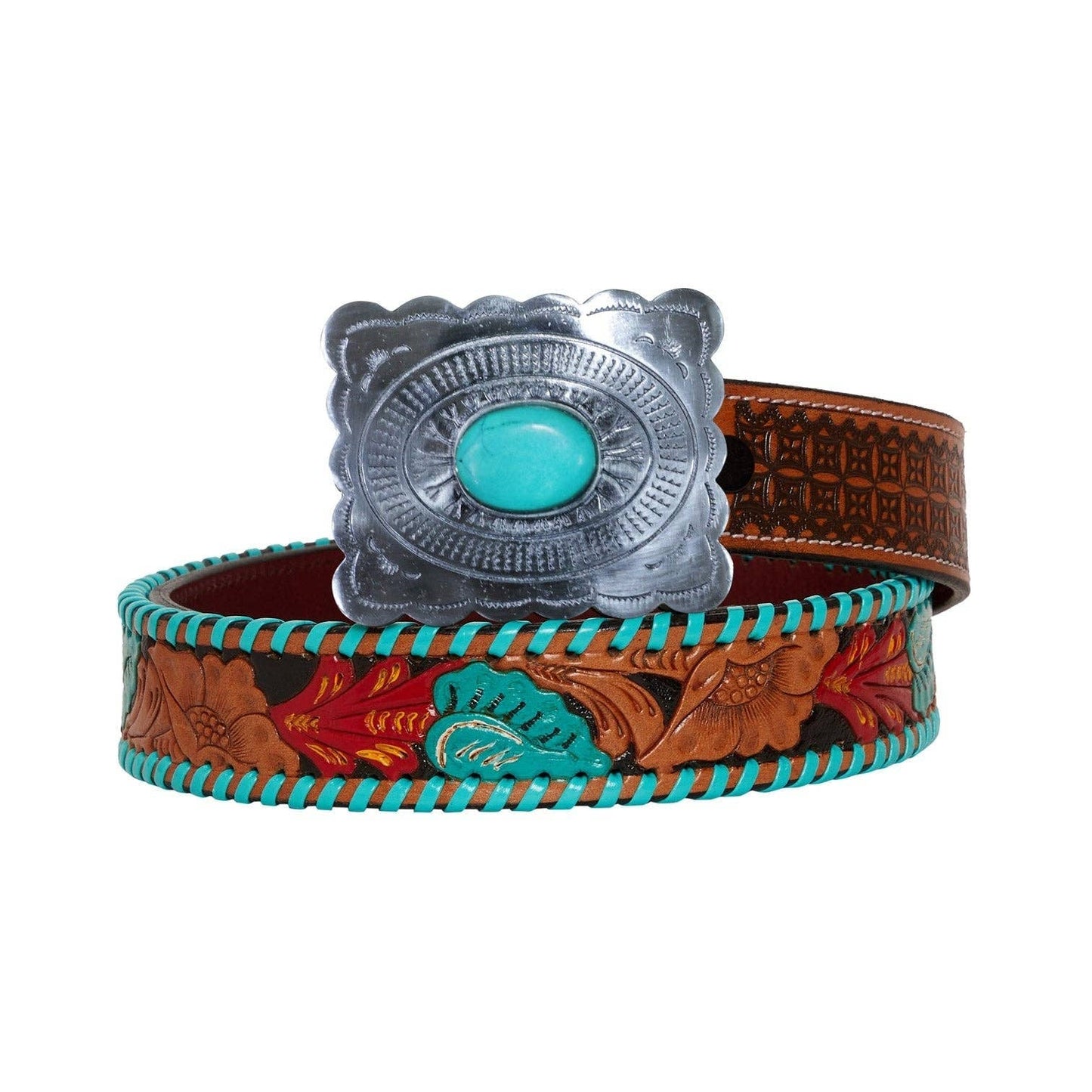Tropical Forest Hand-Tooled Leather Women's Belt: Multicolor / MEDIUM