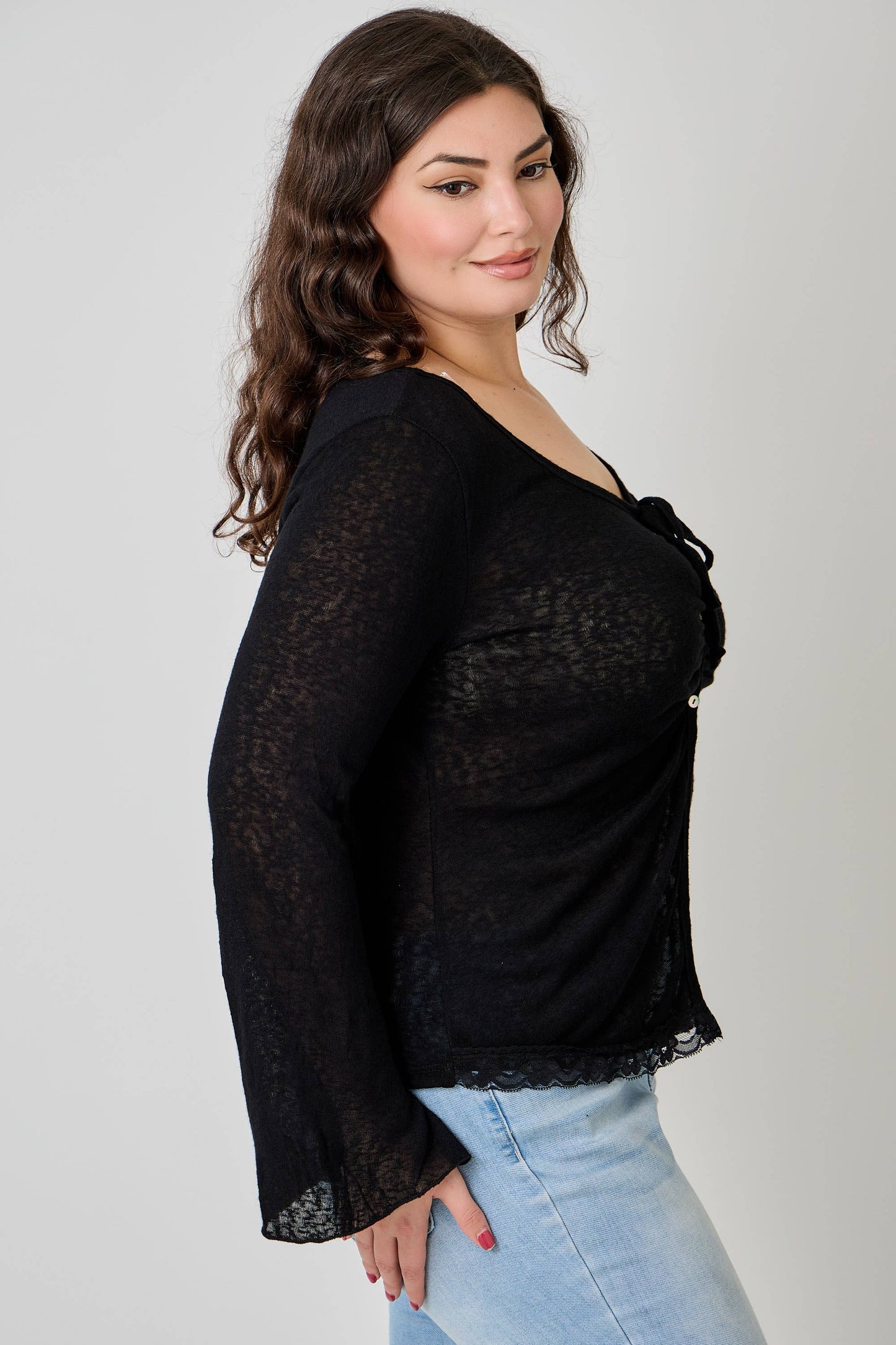 Plus Size Lightweight Knit Front Tie-Front Cardigan