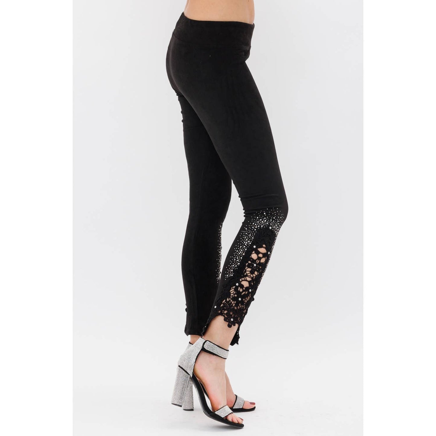 SUEDE LEGGINGS WITH CROCHET LACE RHINESTONE