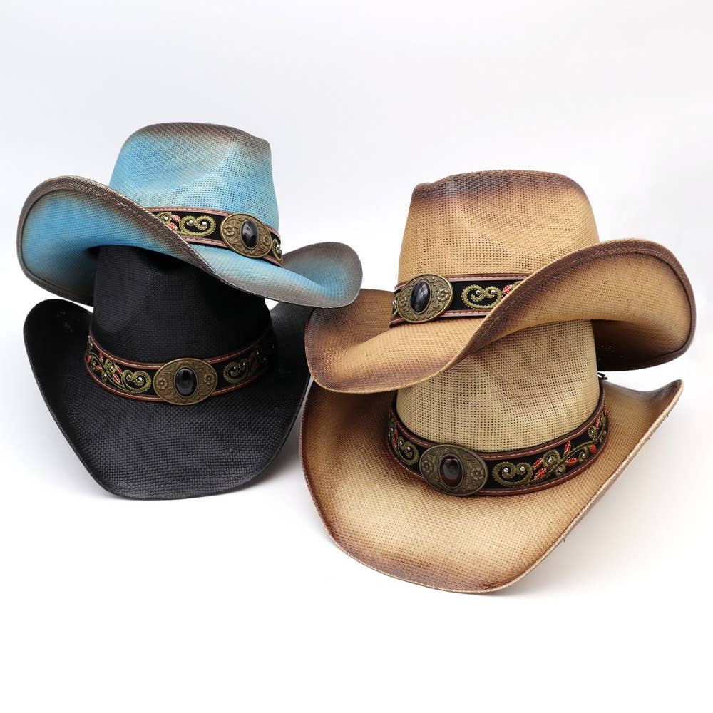 Western Embroidered Strap Washed Straw Cowboy Hat