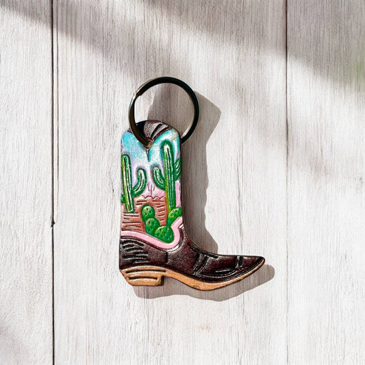Cactus Tooled Leather Boot Keychain 