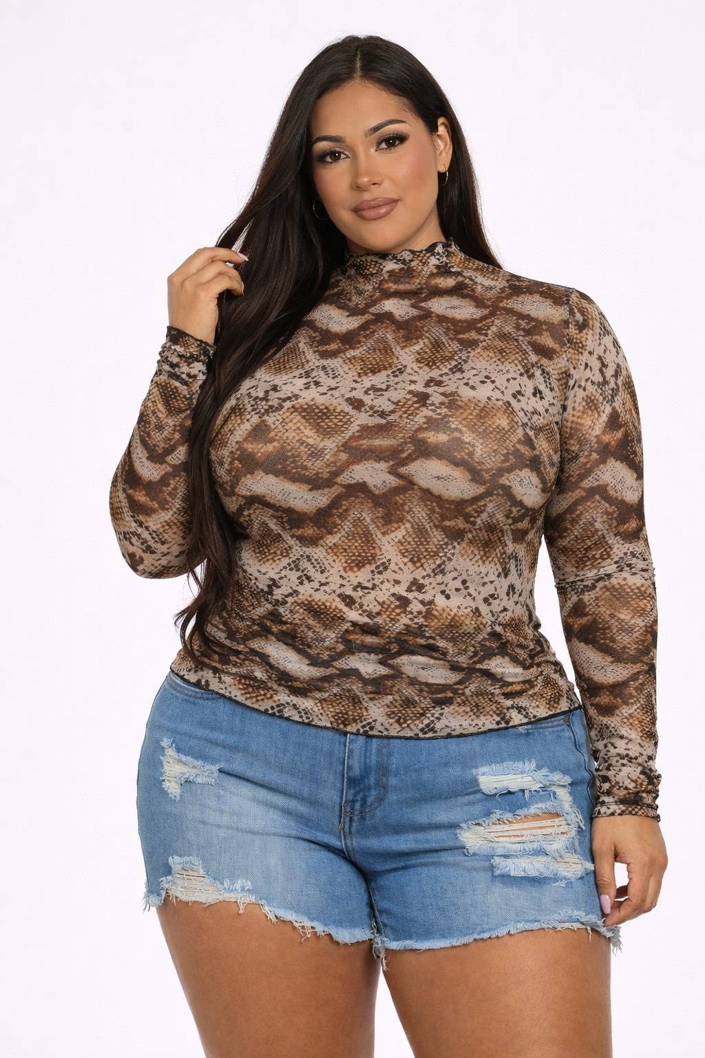 Plus Size Sheer Mesh Brown Snakeskin Top