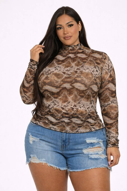 Plus Size Sheer Mesh Brown Snakeskin Top