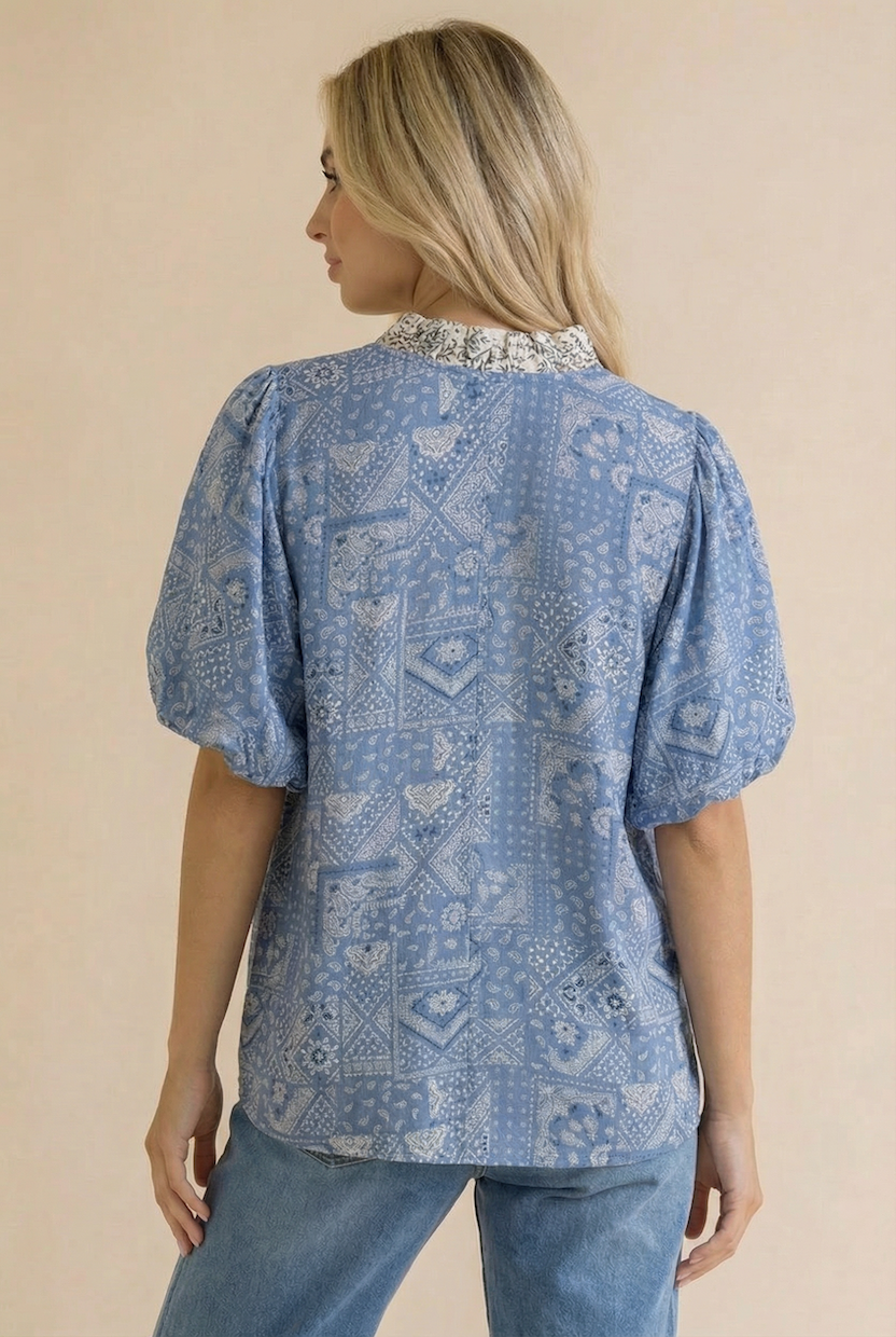 Paisley Boho Print Bubble Sleeve Blouse