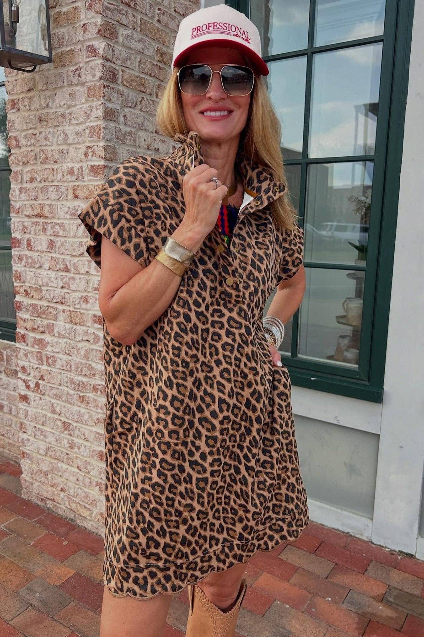 Leopard Print V Neck Mini Dress Loose Short Sleeve