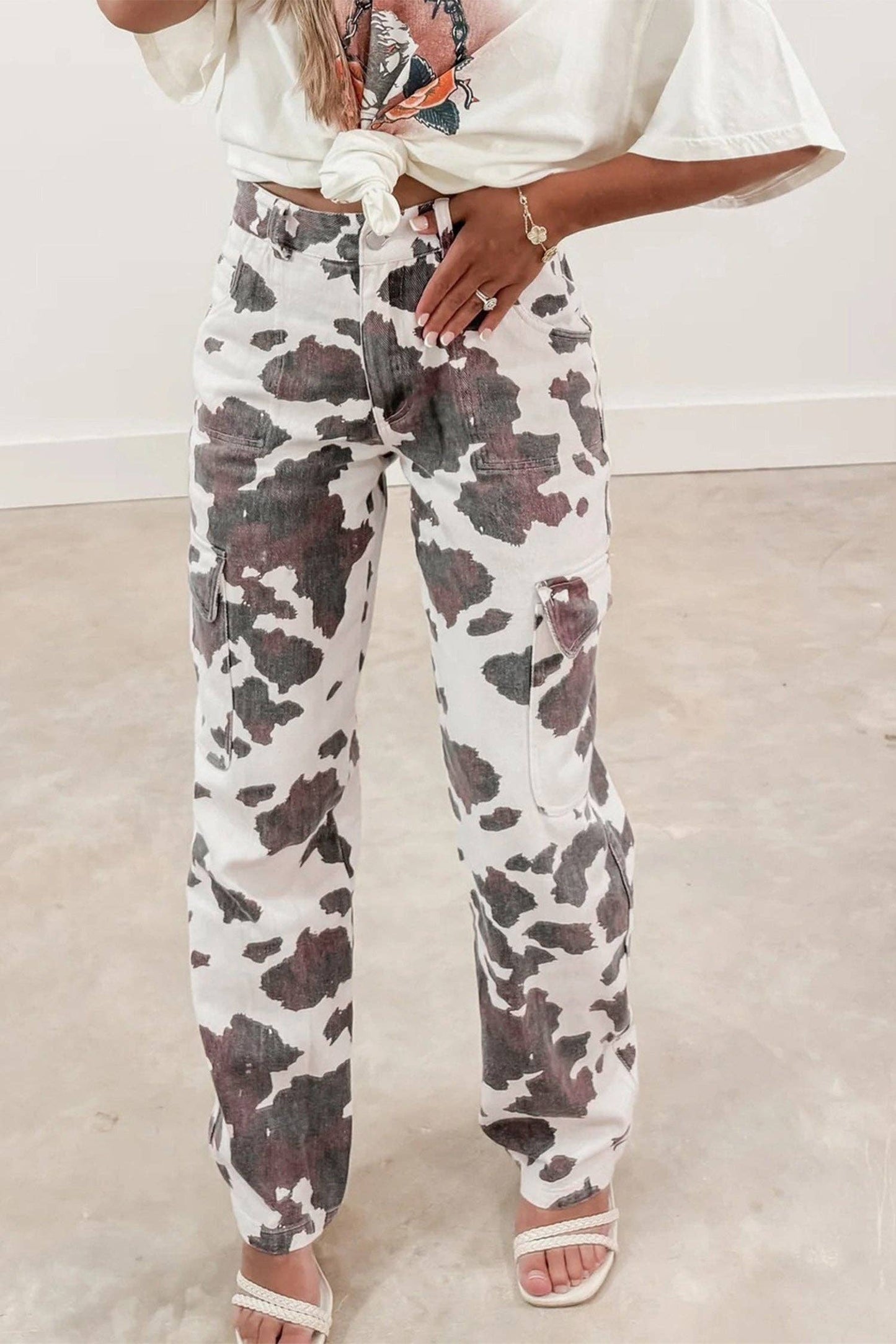 Brown Cow Spots Printed Multi Pocketed Jeans: Brown / 65%Cotton+33%Polyester+2%Elastane / 10