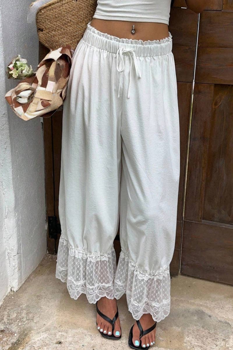 Lace-Trim Wide-Leg Casual Pants