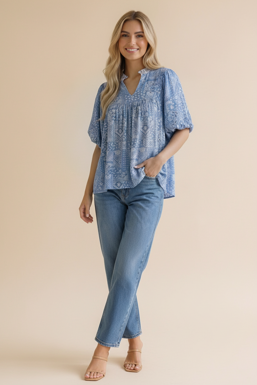 Paisley Boho Print Bubble Sleeve Blouse
