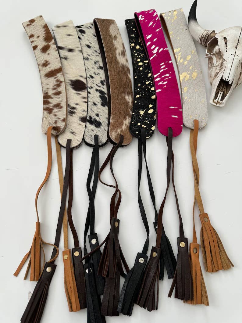 1.65” COWHIDE HAT BAND Leather Hat Band leather ties: BROWN + WHITE COWHIDE