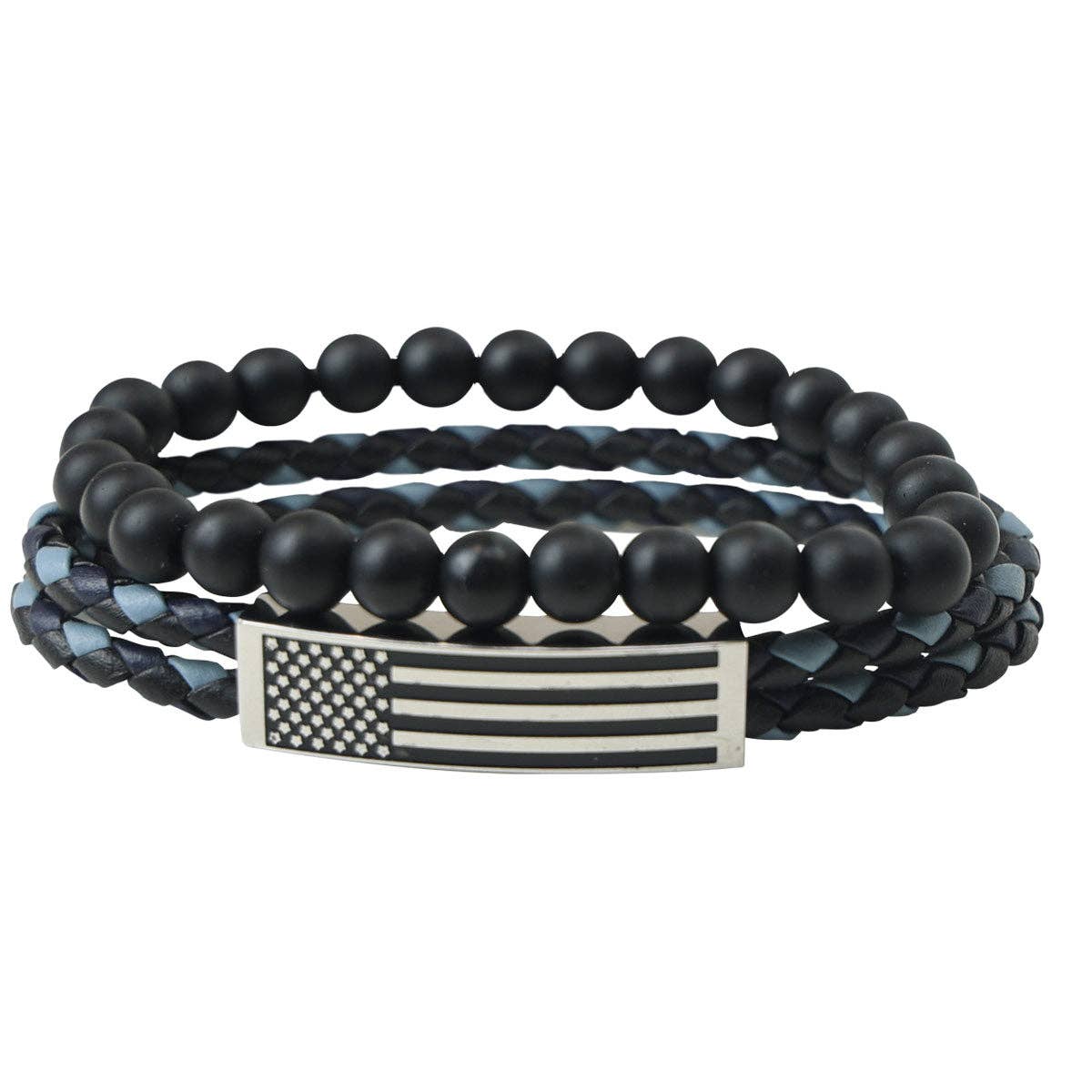Men's Bracelet Flag Wrap Braided Bead: Black/Blue/Silver