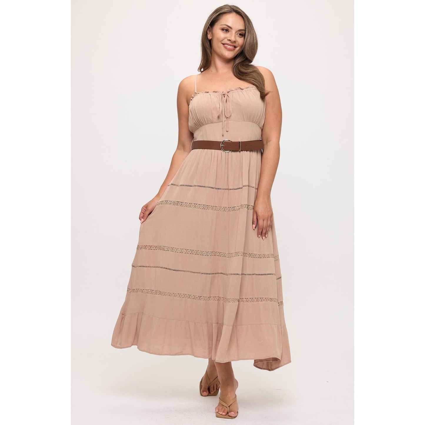 PLUS SIZE TIERED CROCHET LACE TRIM DETAIL BELTED MAXI DRESS
