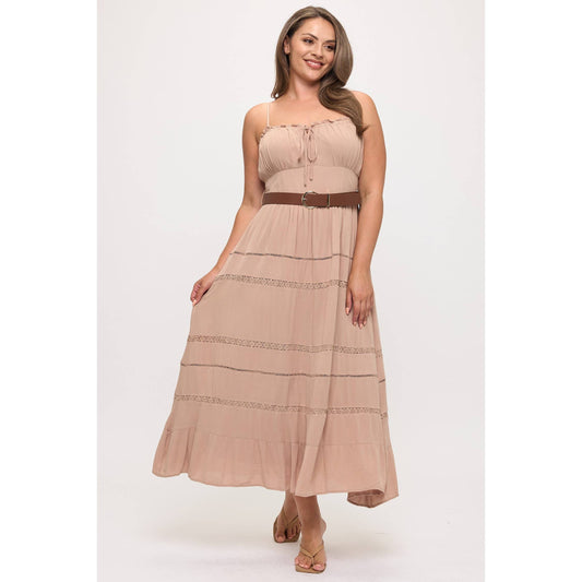 PLUS SIZE TIERED CROCHET LACE TRIM DETAIL BELTED MAXI DRESS