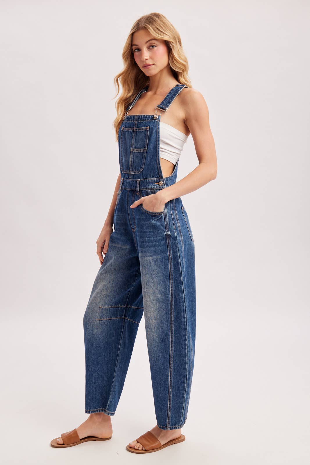 DENIM BARREL OVERALLS: LT.WASH / M