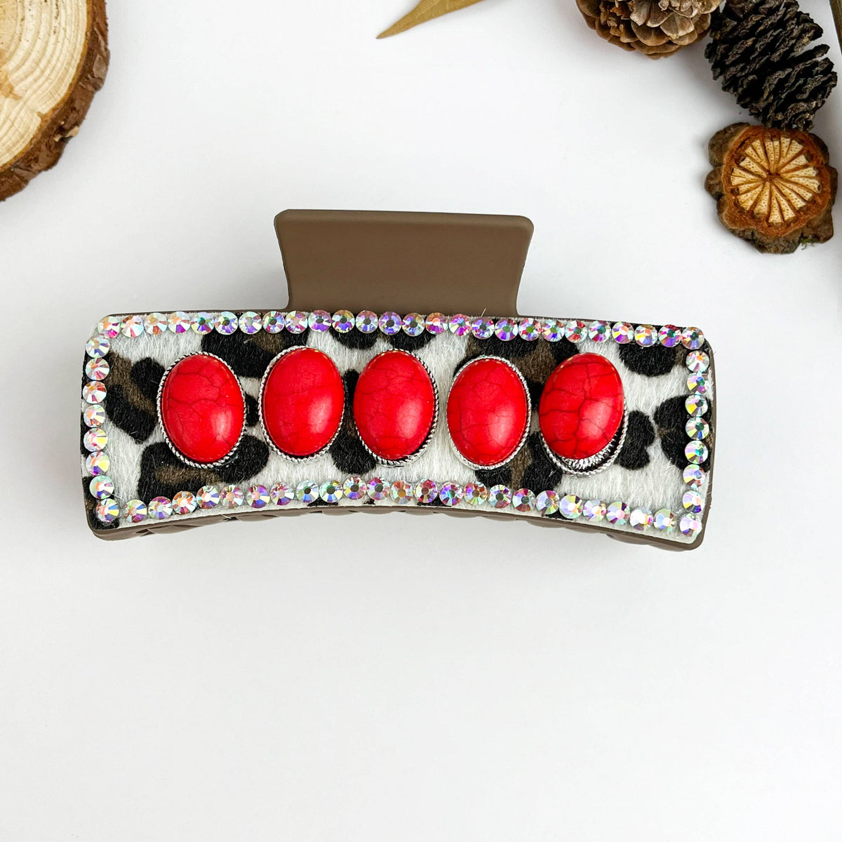 Cow Print Red Stone Hair Claw