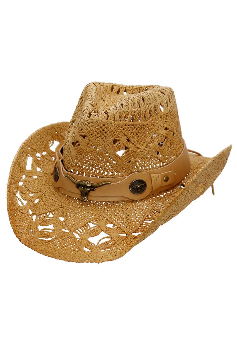 Longhorn Monochrome Belt Crochet Woven Cowboy Hat