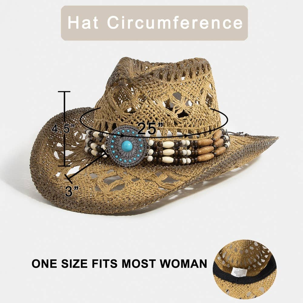 Straw Braided Concho Beaded Strap Cowboy Hat