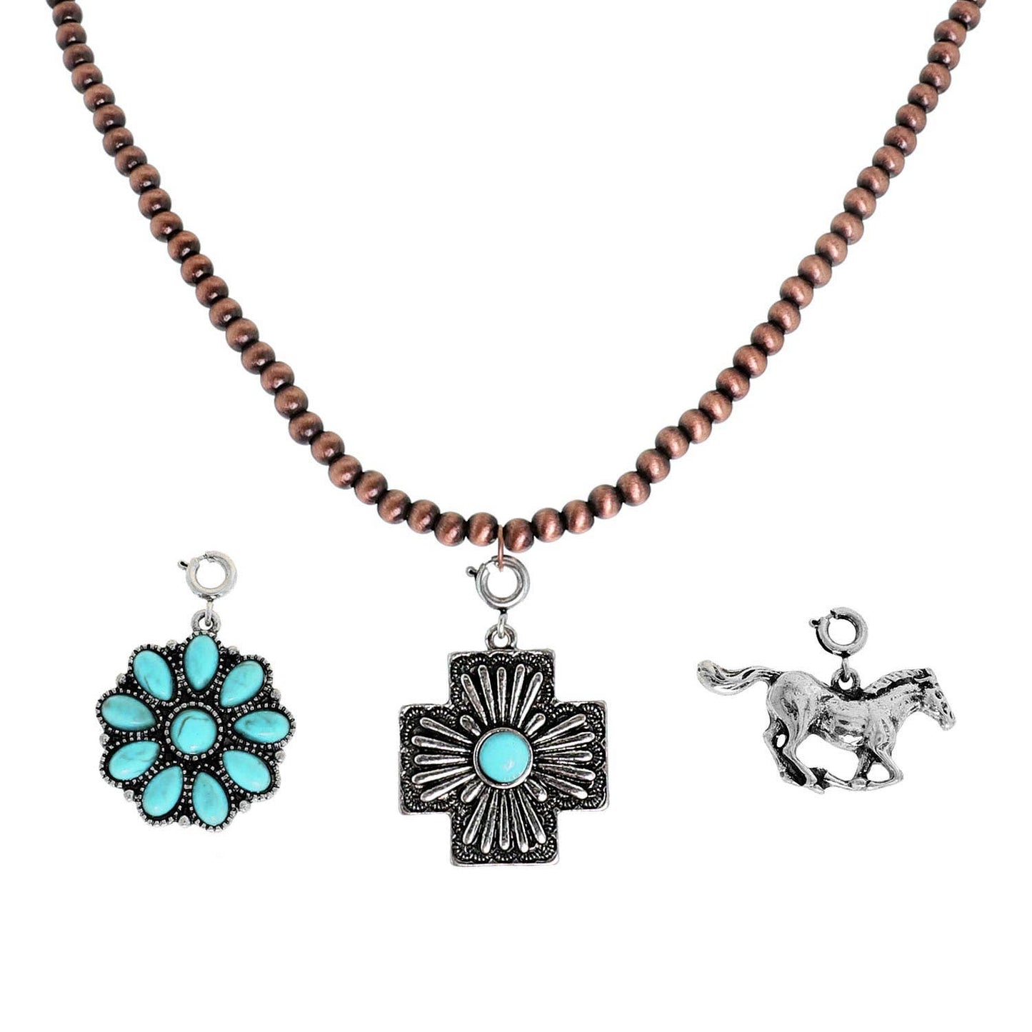 Navajo Pearl Beaded Necklace w/ 3 Western Pendants Set: Copper
