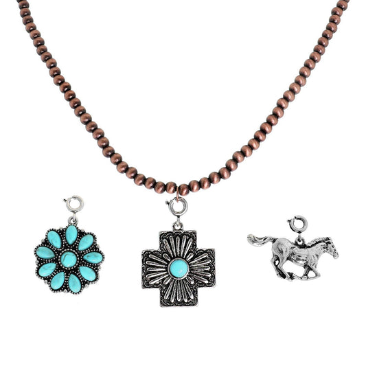 Navajo Pearl Beaded Necklace w/ 3 Western Pendants Set: Copper
