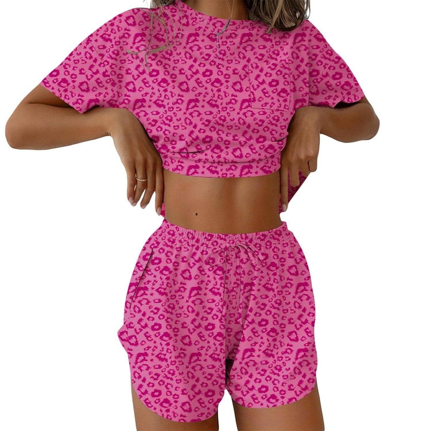 Pink Leopard Print Lounge Set Tee and Drawstring Shorts