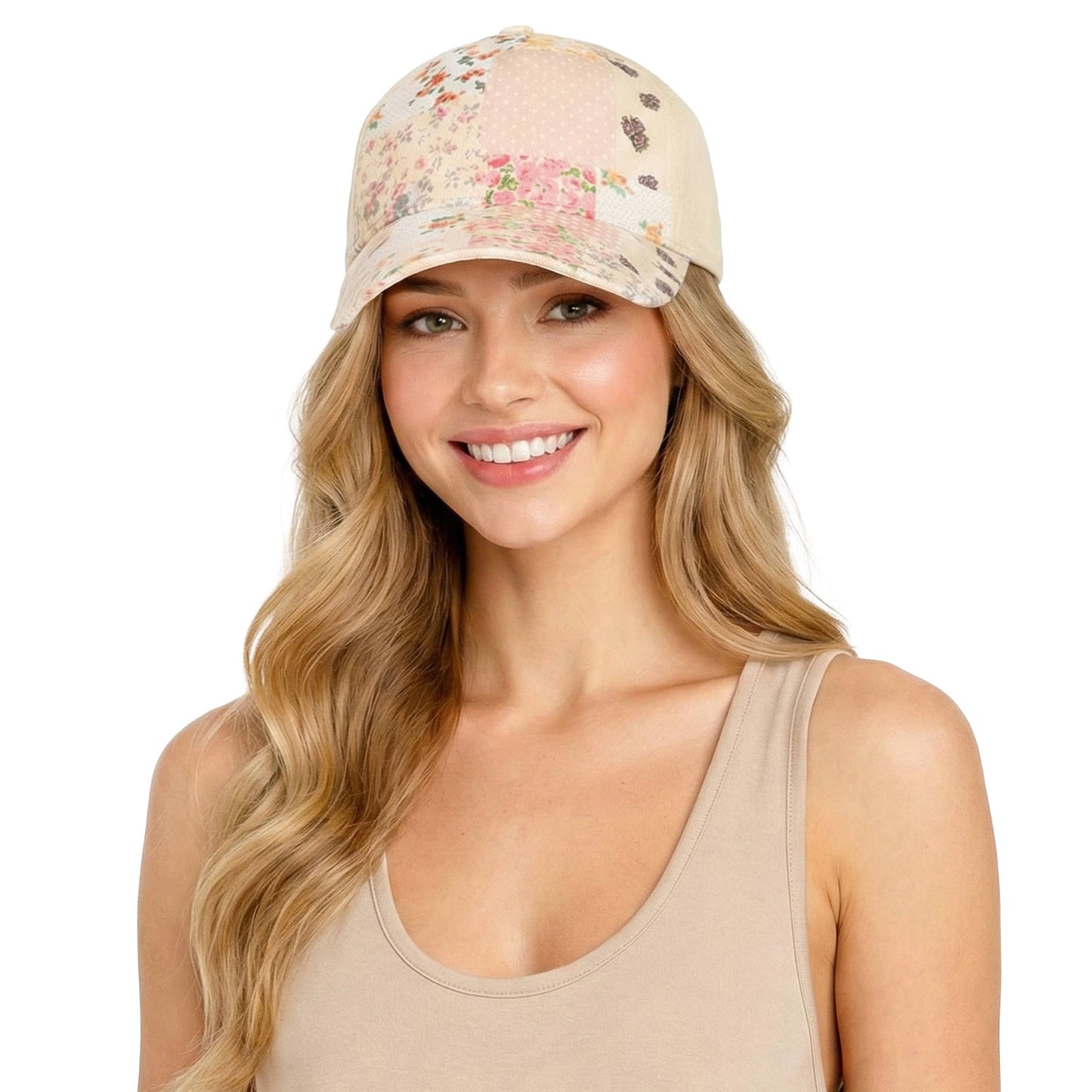 C.C Floral Patchwork Brim Criss-Cross Ponytail Trucker Hat: Beige