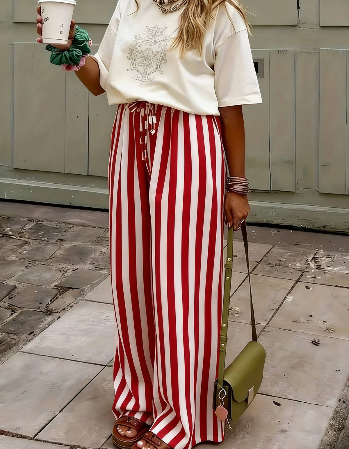 Multi Color Boho Beach Vertical Stripe Lace-Up Pants: Red / 2XL