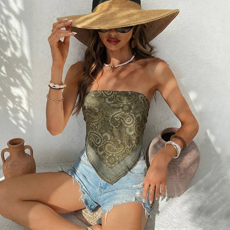 Boho Paisley Strapless Bandeau Handkerchief Top: Army Green / 95%Polyester 5% Elastane / L