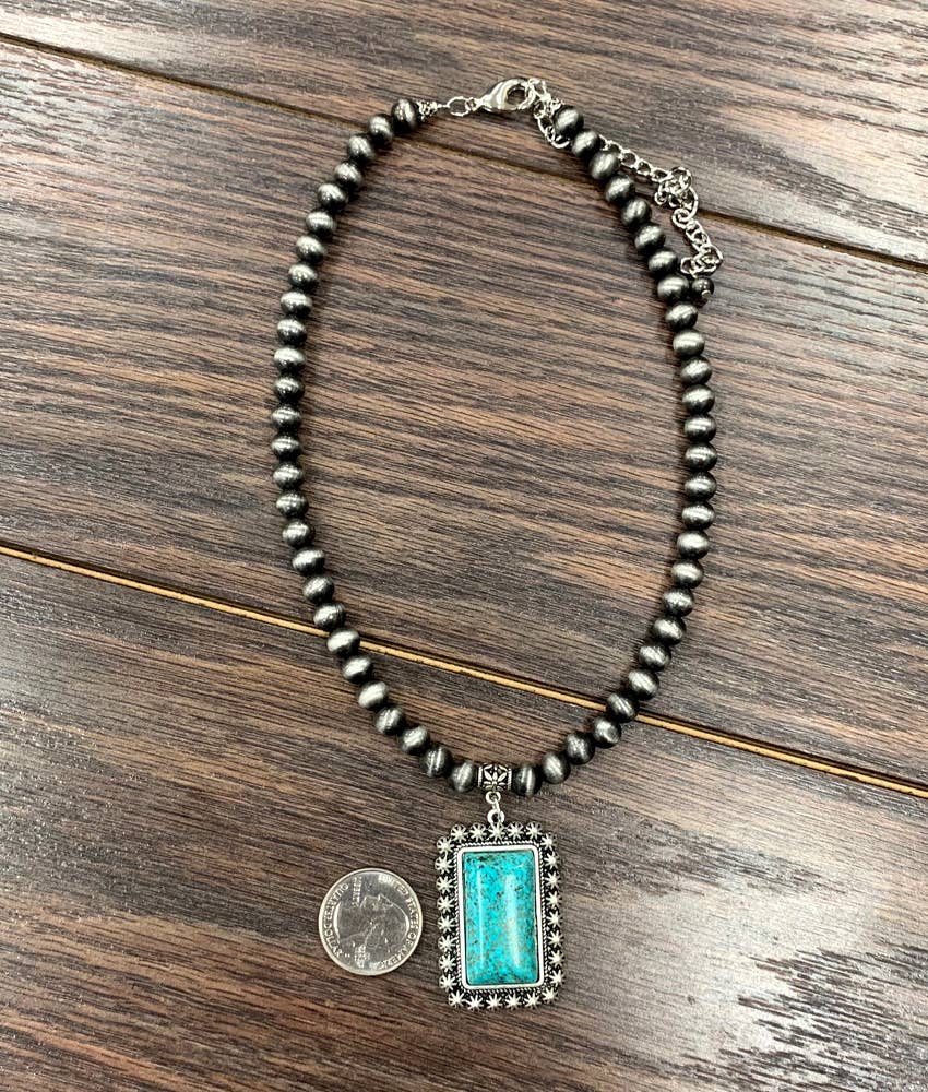 Navajo Bead and Square Turquoise Pendant Necklace