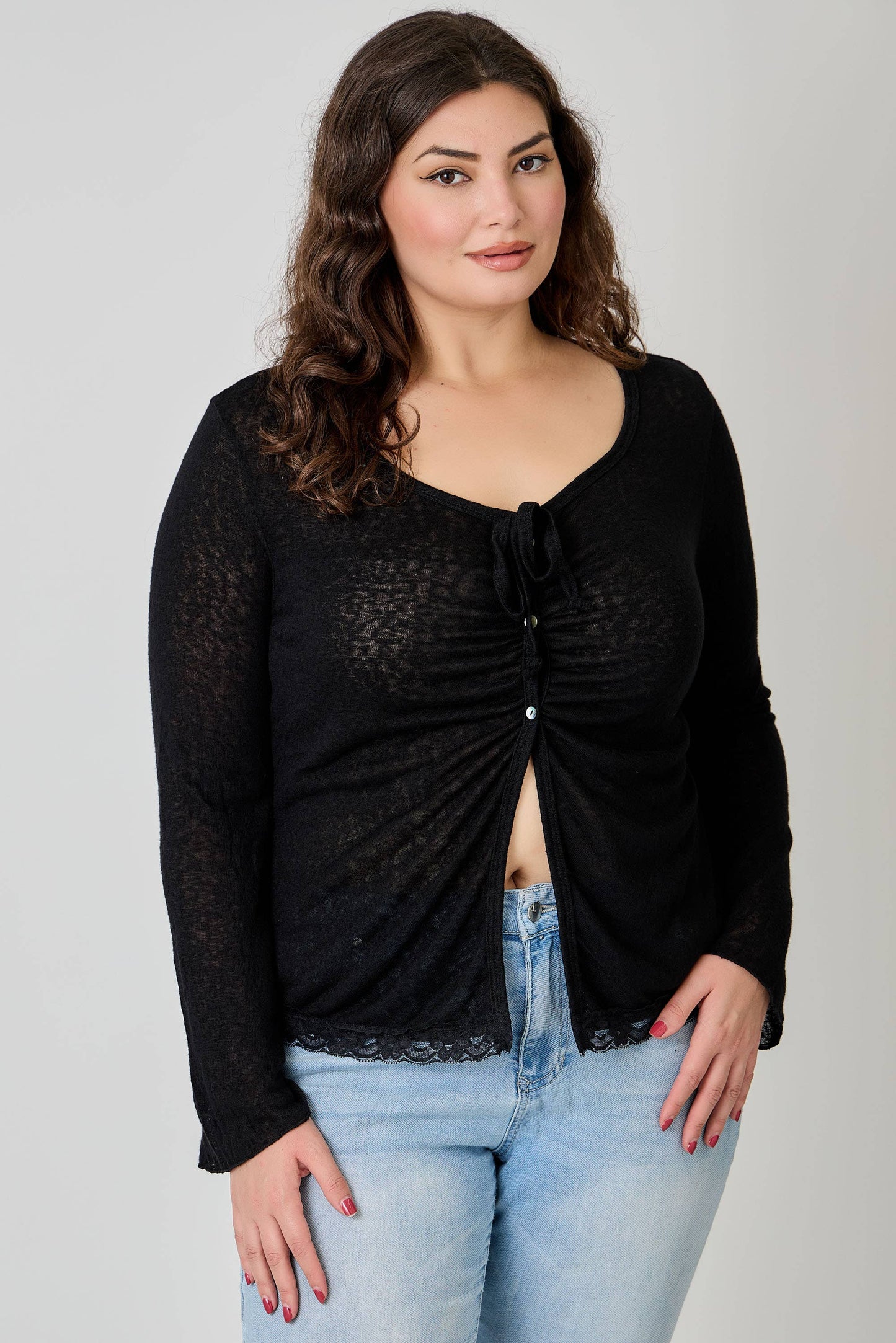 Plus Size Lightweight Knit Front Tie-Front Cardigan