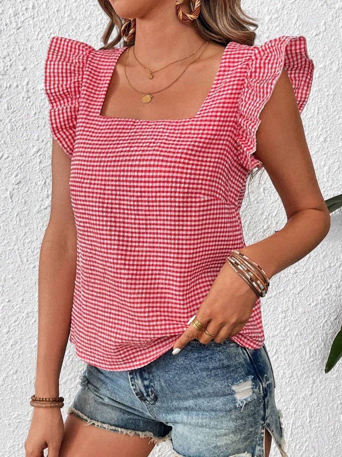 Gingham Square Neck Ruffle Sleeve Blouse
