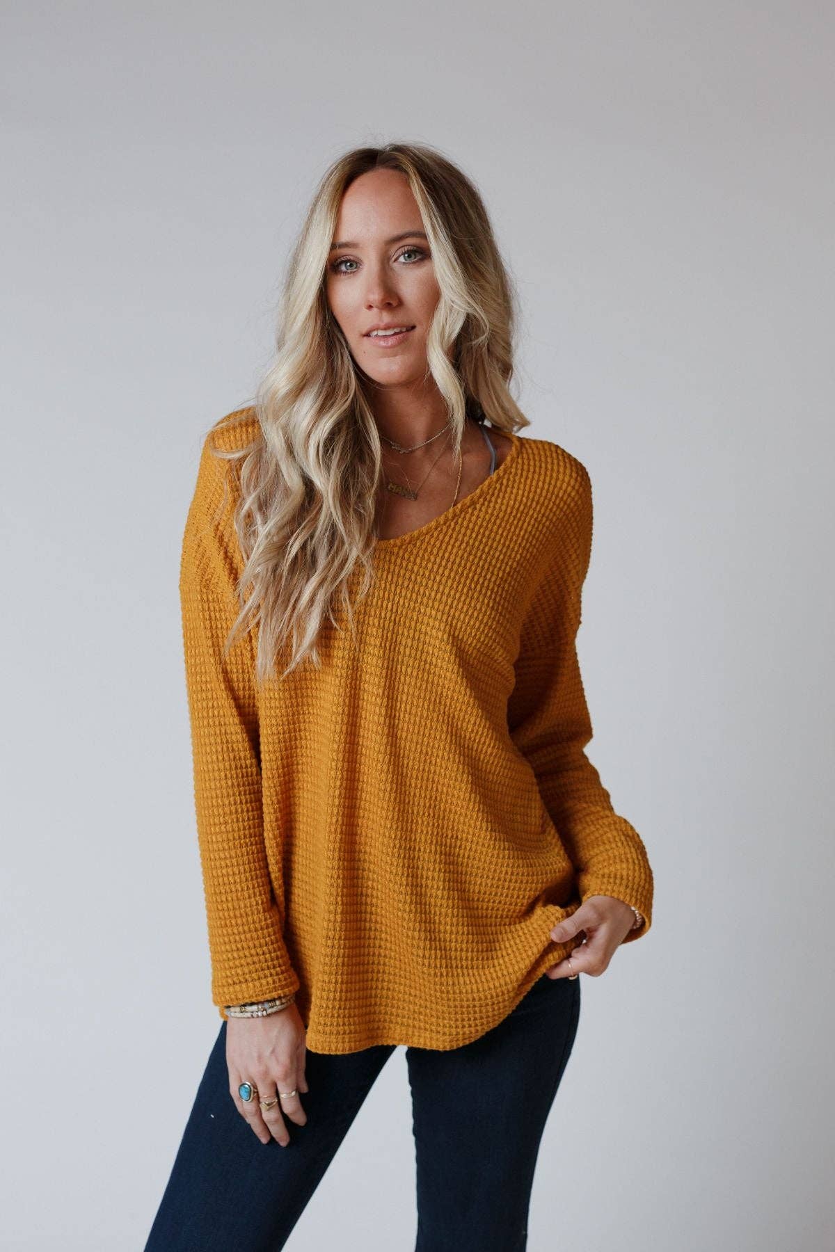 Flattering Open Back Fall Thermal Knit Top - Mustard: M